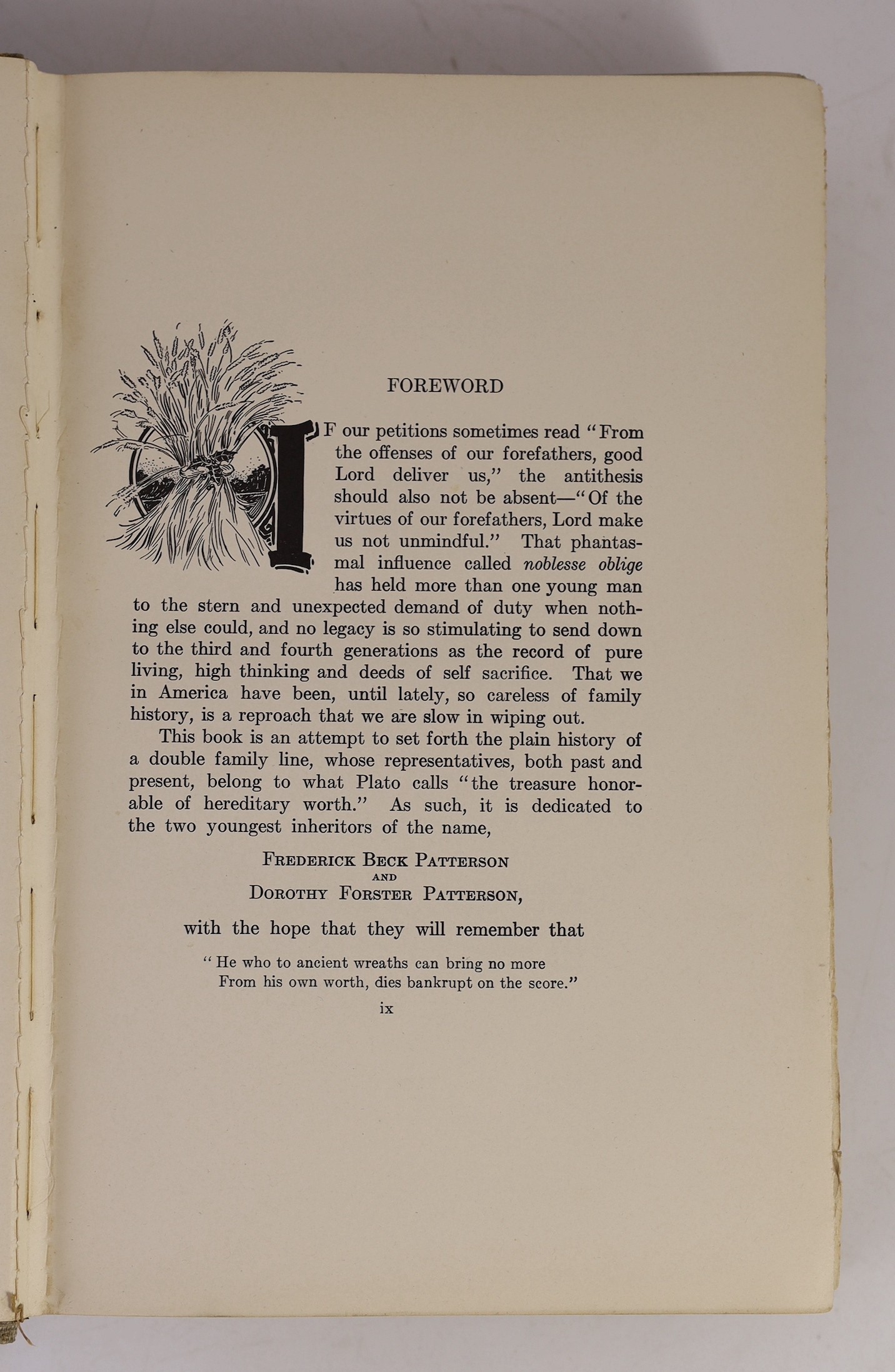 Patterson, Col. Robert and Johnston, Col. John - Concerning the Forefathers, one of 1000, 4to, cloth, Dayton, Ohio, 1902 and Aflalo, F.G - A Book of the Wilderness and Jungle, 8vo, cloth, S.W.Partridge & Co., Ltd., Londo